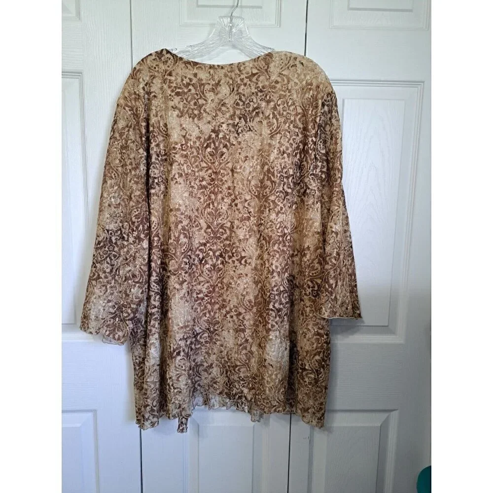 Catherines 4X (30/32W) Brown V-Neck Medallion Print 3/4 Sheer Sleeve Tunic